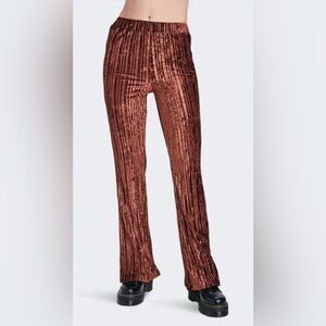NWT En Saison Alexis Crushed Velvet Flared Pull On Pants Brown Metallic Bronze